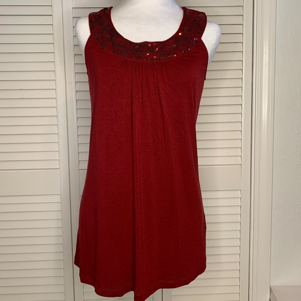 Kische Burgundy Sleeveless Top with Sequined Neckline size M